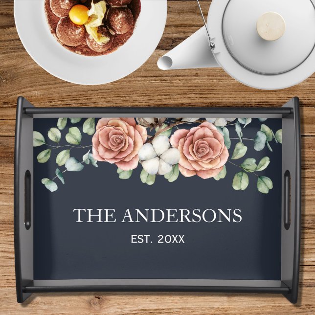 Rustic Rose Eucalyptus Floral Botanical Black Serving Tray (In situ)
