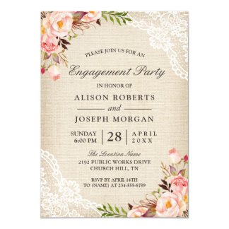 Rustic Rose Floral Burlap Lace Engagement Party Invitation