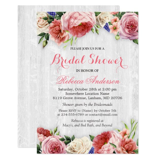 Rustic Rose Floral Chic White Wood Bridal Shower Invitation