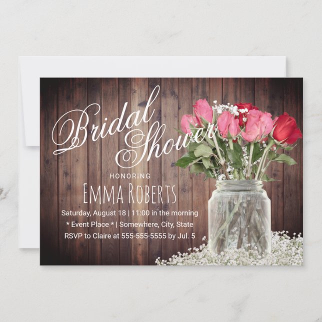 Rustic Rose Floral Mason Jar Bridal Shower Invitation (Front)
