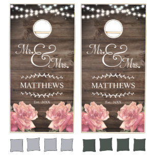 Rustic Rose Floral String Lights Mr Mrs Wedding Cornhole Set