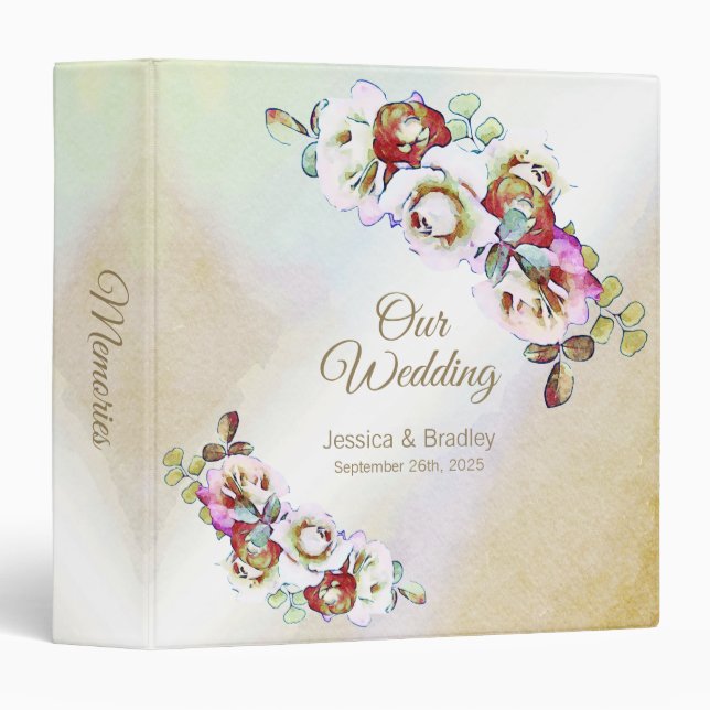 Rustic Rose Floral Watercolor Wedding 3 Ring Binder (Front/Spine)