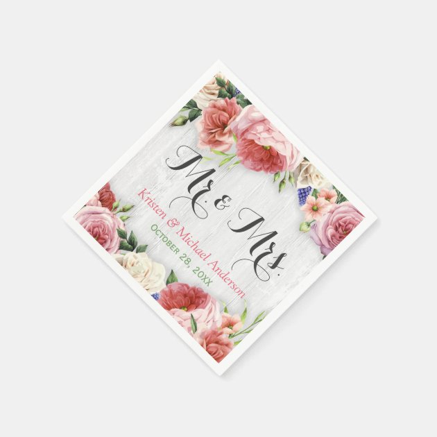 Rustic Rose Flowers White Wood Wedding Monogram Paper Napkin