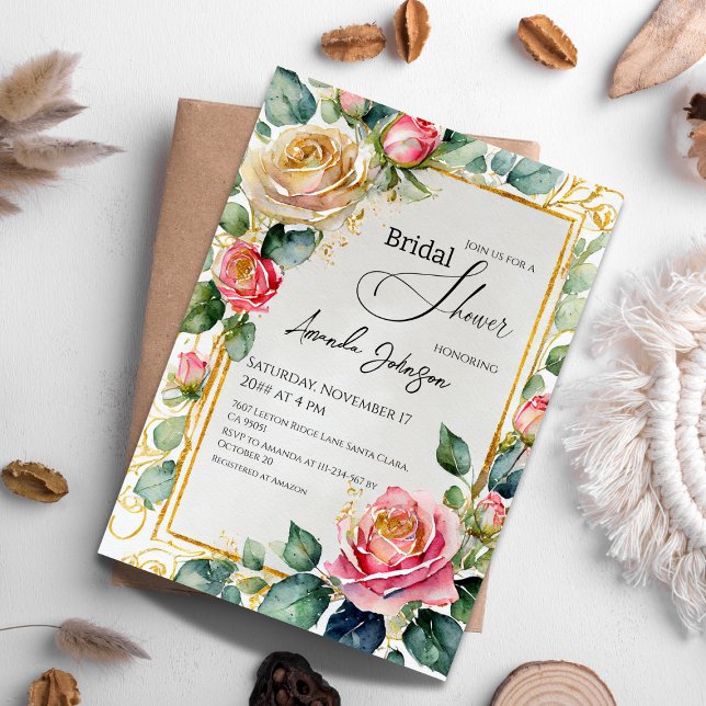 Rustic Rose Framed Watercolor Floral Bridal Shower Invitation (Creator Uploaded)