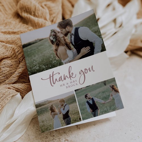Rustic Rose Gold 3 Photo Collage Folded Wedding Thank You Card