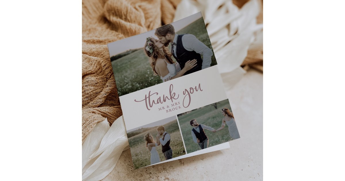 Rustic Rose Gold 3 Photo Collage Folded Wedding Thank You Card | Zazzle