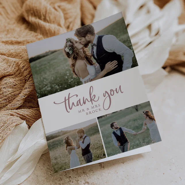 Rustic Rose Gold 3 Photo Collage Folded Wedding Thank You Card | Zazzle