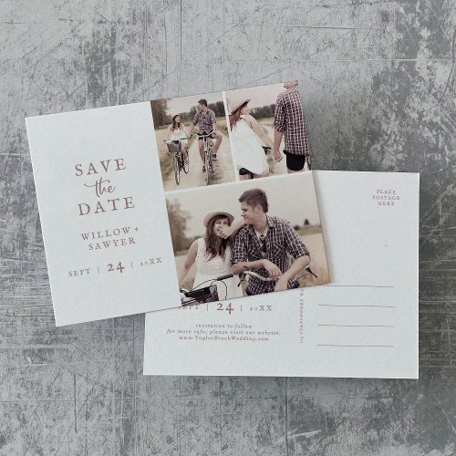 Rustic Rose Gold 3 Photo Collage Save the Date Invitation Postcard