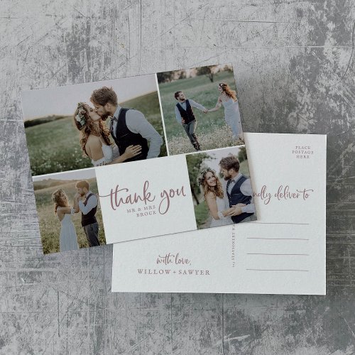 Rustic Rose Gold 4 Photo Collage Wedding Thank You Postcard