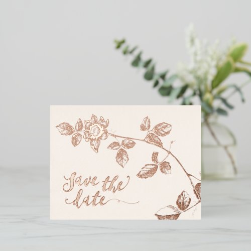 Rustic Rose Gold Botanical Wedding Save the date Foil Invitation Postcard