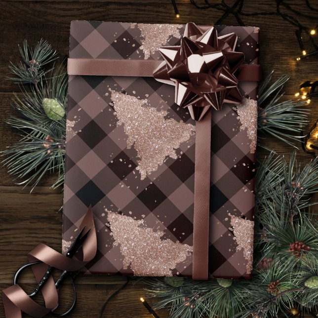 Rustic Rose Gold Christmas Tree Buffalo Plaid Glam Wrapping Paper (Creator Uploaded)