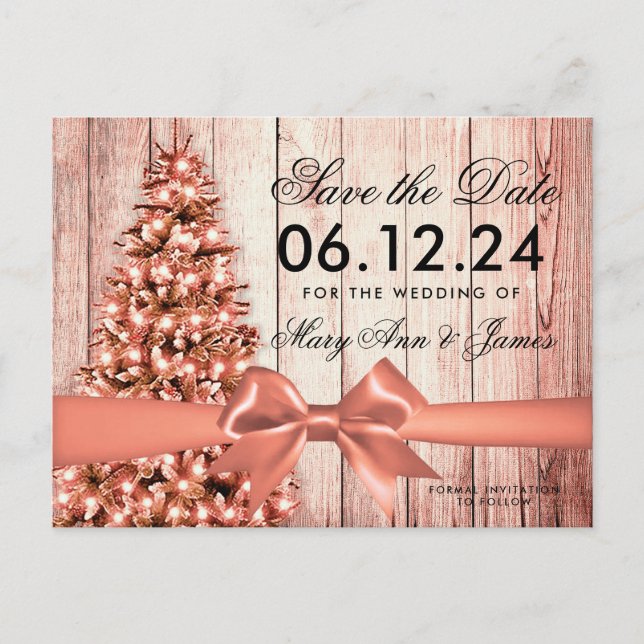 Rustic Rose Gold Christmas Wedding Save Date Announcement Postcard (Front)