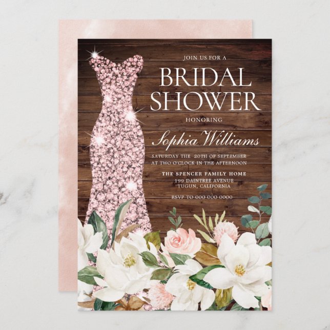 Rustic Rose Gold Dress Blush & White Bridal Shower Invitation (Front/Back)