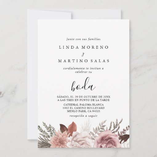 Rustic Rose Gold Floral Calligraphy Boda Wedding Invitation | Zazzle