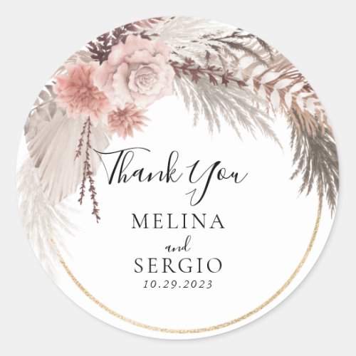 Rustic Rose Gold Floral Wedding Thank You Classic Round Sticker