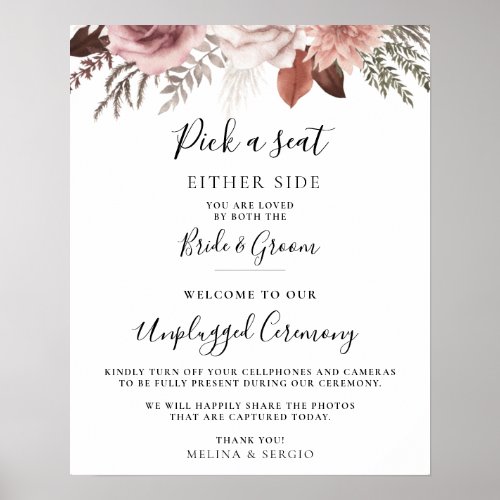 Rustic Rose Gold Floral Wedding Unplugged Ceremony Poster