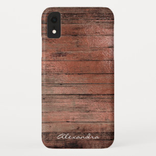 Rustic Rose Gold Foil Wood Monogram Girly iPhone XR Case