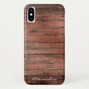 Rustic Rose Gold Foil Wood Monogram Girly iPhone X Case