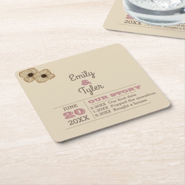Rustic Rose Gold Personalized History Wedding Square Paper Coaster (Angled)