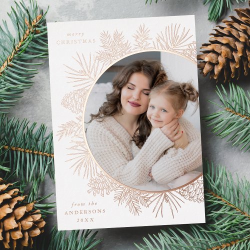 Rustic Rose Gold Pinecones Photo Foil Holiday Card