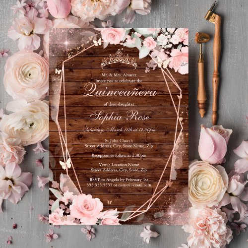Rustic Rose Gold Pink Butterfly Floral Quinceanera Foil Invitation