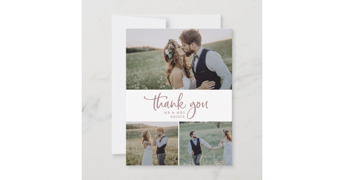 Rustic Rose Gold Script 3 Photo Collage Wedding Thank You Card | Zazzle
