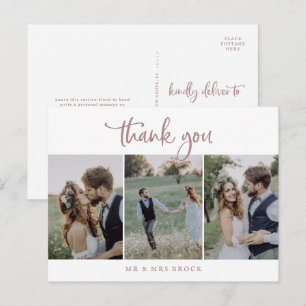 Rustic Rose Gold Script 3 Photo Template Thank You Postcard