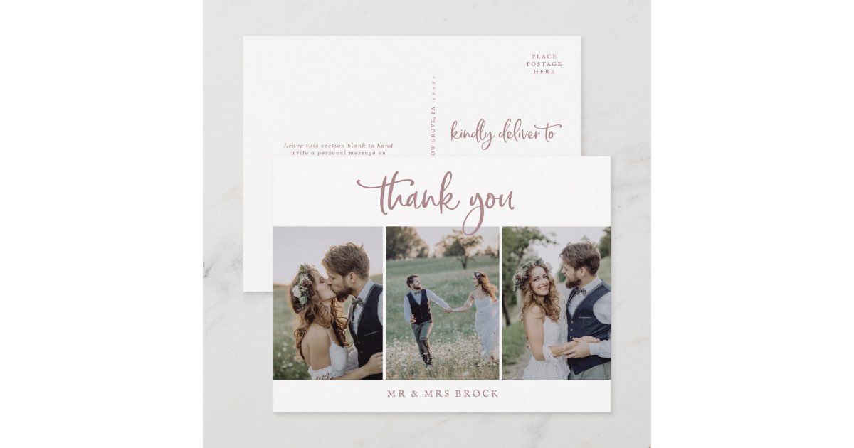 Rustic Rose Gold Script 3 Photo Template Thank You Postcard | Zazzle