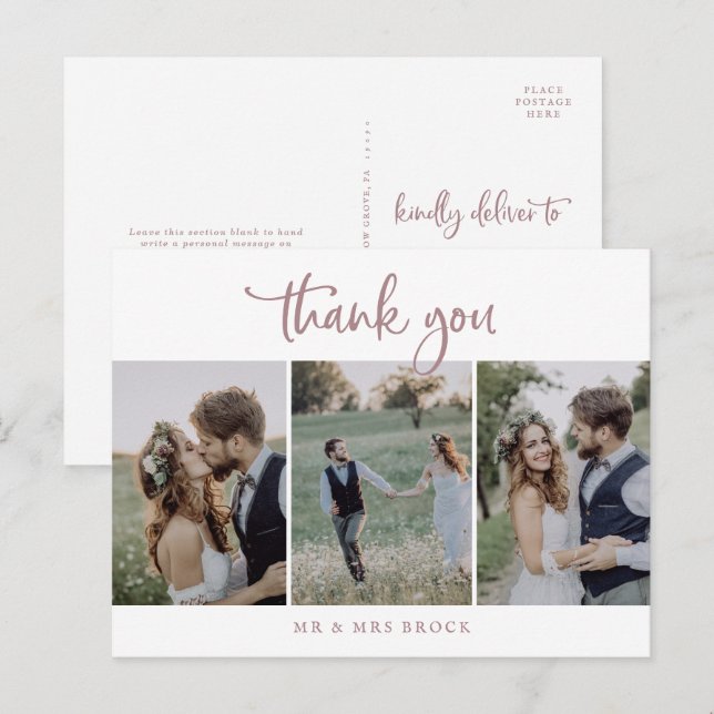 Rustic Rose Gold Script 3 Photo Template Thank You Postcard (Front/Back)