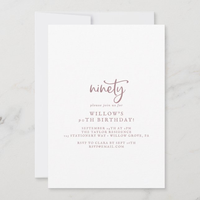 Rustic Rose Gold Script 90th Birthday Party Invitation (Front)