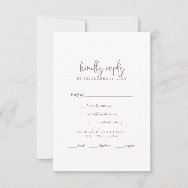 Rustic Rose Gold Script Menu Choice RSVP Card (Front)
