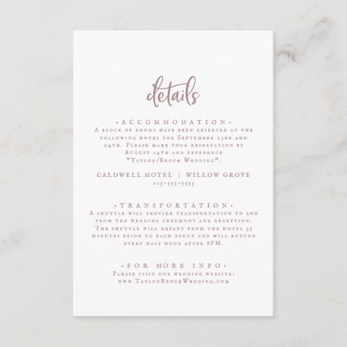 Rustic Rose Gold Script Wedding Details Enclosure Card