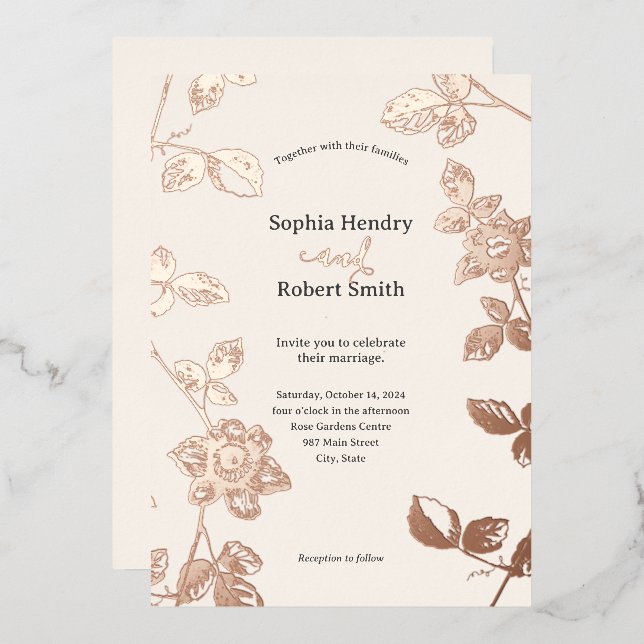 Rustic Rose Gold Whimsical Floral Wedding  Foil Invitation (Front/Back)