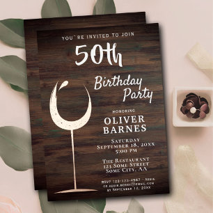 Rustic Rose Gold Wine Glass Wood 50th Birthday Foil Invitation