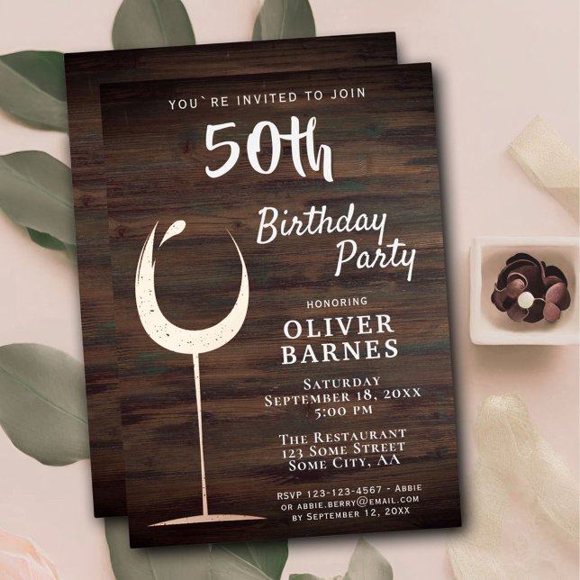 Rustic Rose Gold Wine Glass Wood 50th Birthday Foil Invitation (Creator Uploaded)