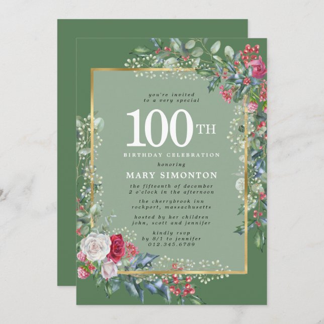 Rustic Rose Holly Berries 100th Birthday Party Invitation (Front/Back)