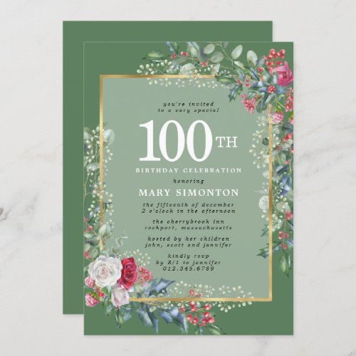 Rustic Rose Holly Berries 100th Birthday Party Invitation