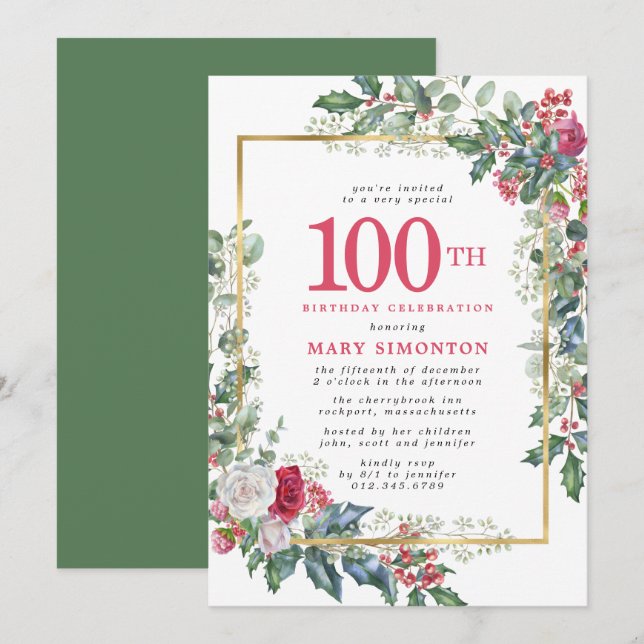 Rustic Rose Holly Berries 100th Birthday Party Invitation (Front/Back)