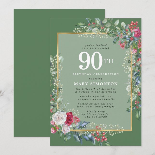 Rustic Rose Holly Berries 90th Birthday Party Invitation (Front/Back)