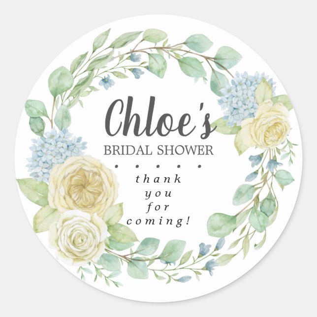 Rustic Rose Hydrangea Bridal Shower Thank You Classic Round Sticker (Front)
