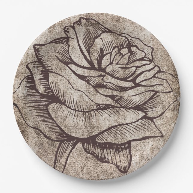 Rustic Rose Ink Drawing Paper Plates (Front)