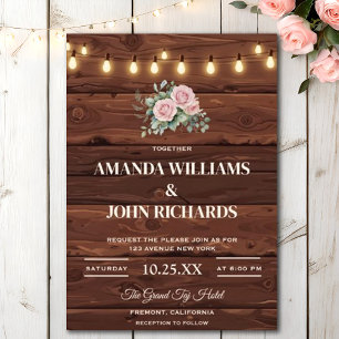 Rustic Rose Lights Boho Dream Feathers Wedding Invitation