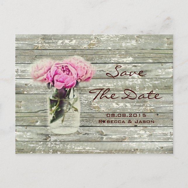 rustic rose mason jar wedding save the date announcement postcard (Front)