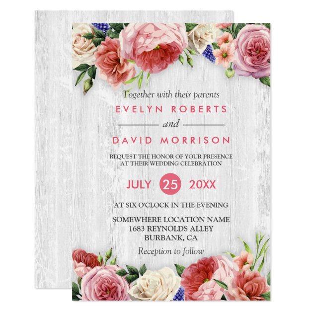 Rustic Rose Pink Floral Chic White Wood Wedding Invitation