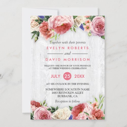Rustic Rose Pink Floral Chic White Wood Wedding Card