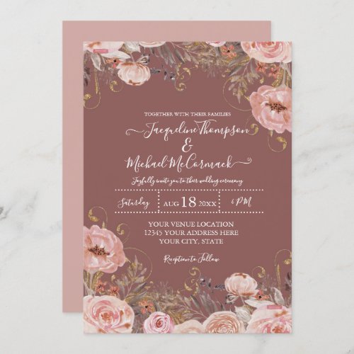 Rustic Rose Pink Watercolor Floral Dried Greenery Invitation