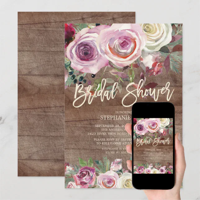 Rustic Rose Purple Floral Bridal Shower Invitation | Zazzle