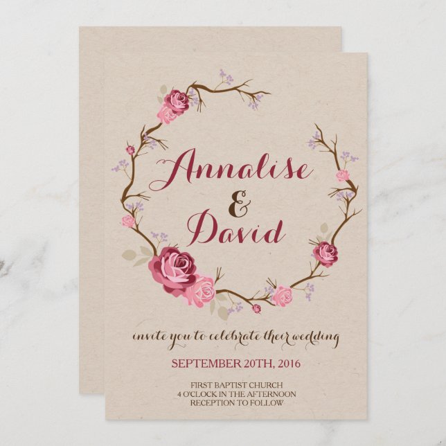 Rustic Rose Wedding Invitation (Front/Back)