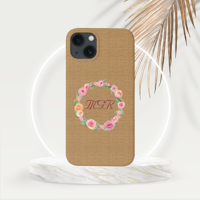 Rustic Rose Wreath Monogram on Burlap Case-Mate iPhone Case (Pastel Rose Wreath with Monogram set on a Burlap Background Phone Case)