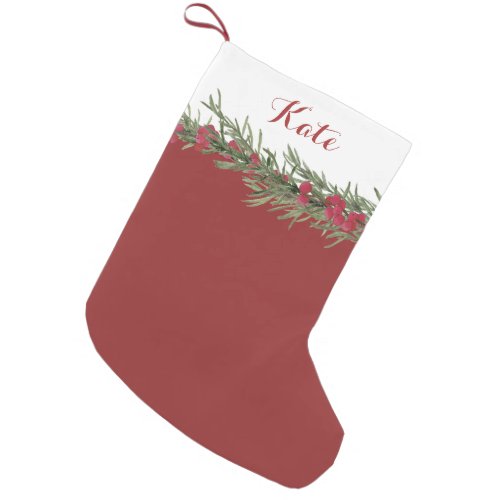 Rustic Rosemary and Berries Watercolor on Red Small Christmas Stocking